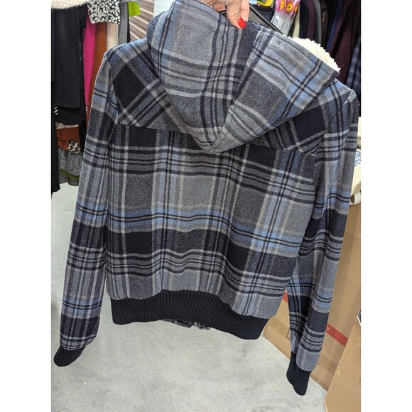 aeropostale Size Small Blue Plaid Flannel Bomber Wool Blend Coat With Hood - Picture 4 of 9